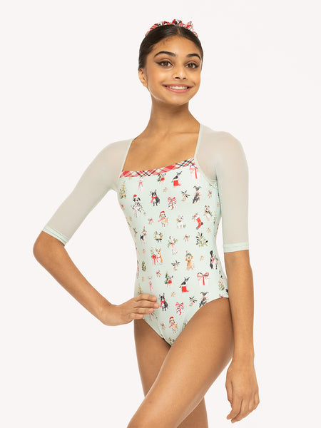 Eleve Dancewear Chris Leotard Christmas Kids in Dogs Spearmint print, front view