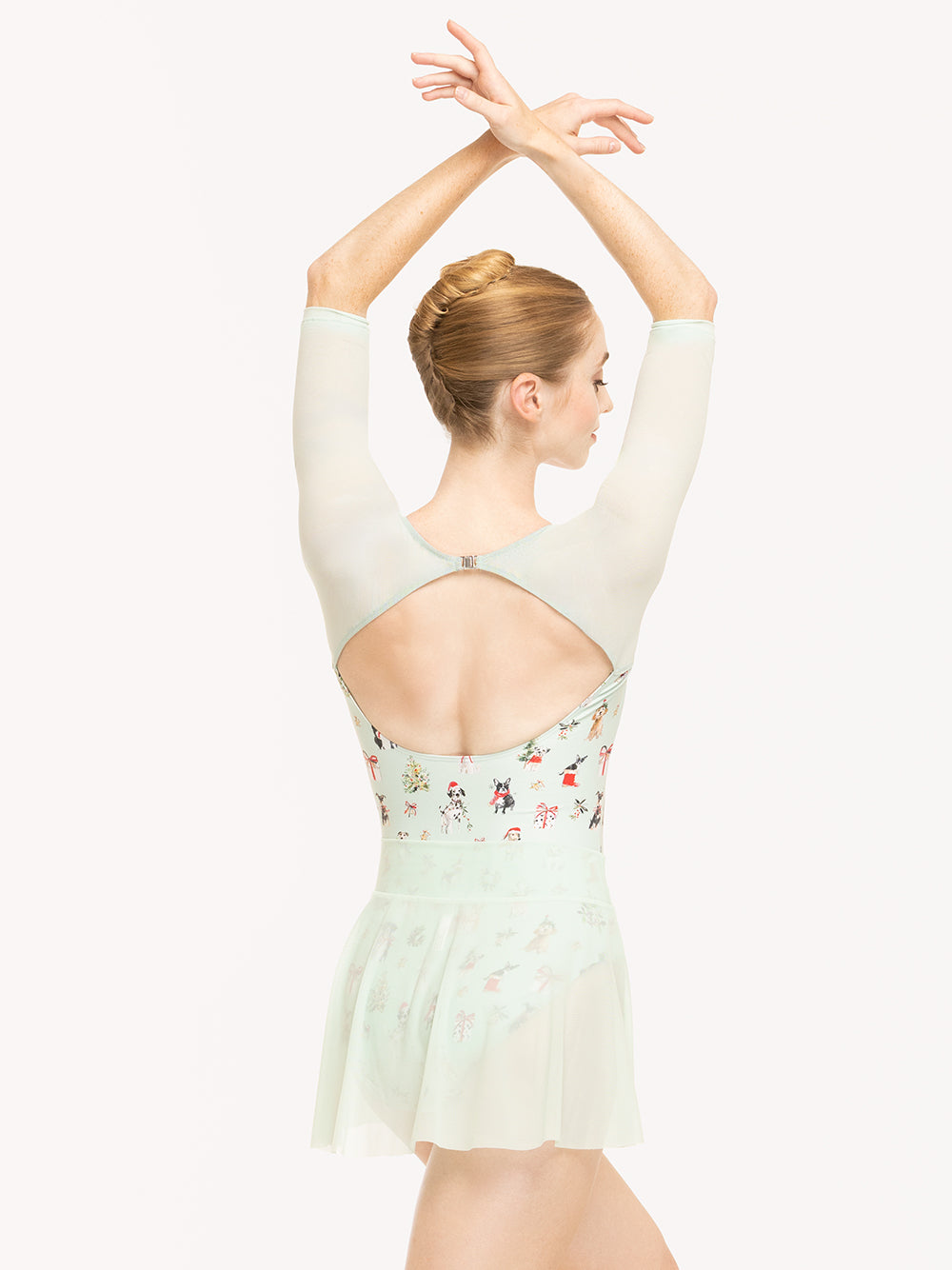Eleve Dancewear Chris Leotard Christmas in Dogs Spearmint print, back detail view
