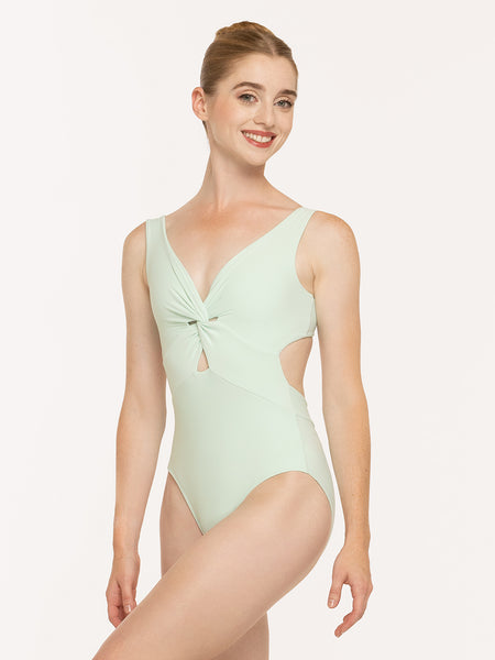 Eleve Dancewear Jackie Leotard Kids in Spearmint print color, front view of dancer posing