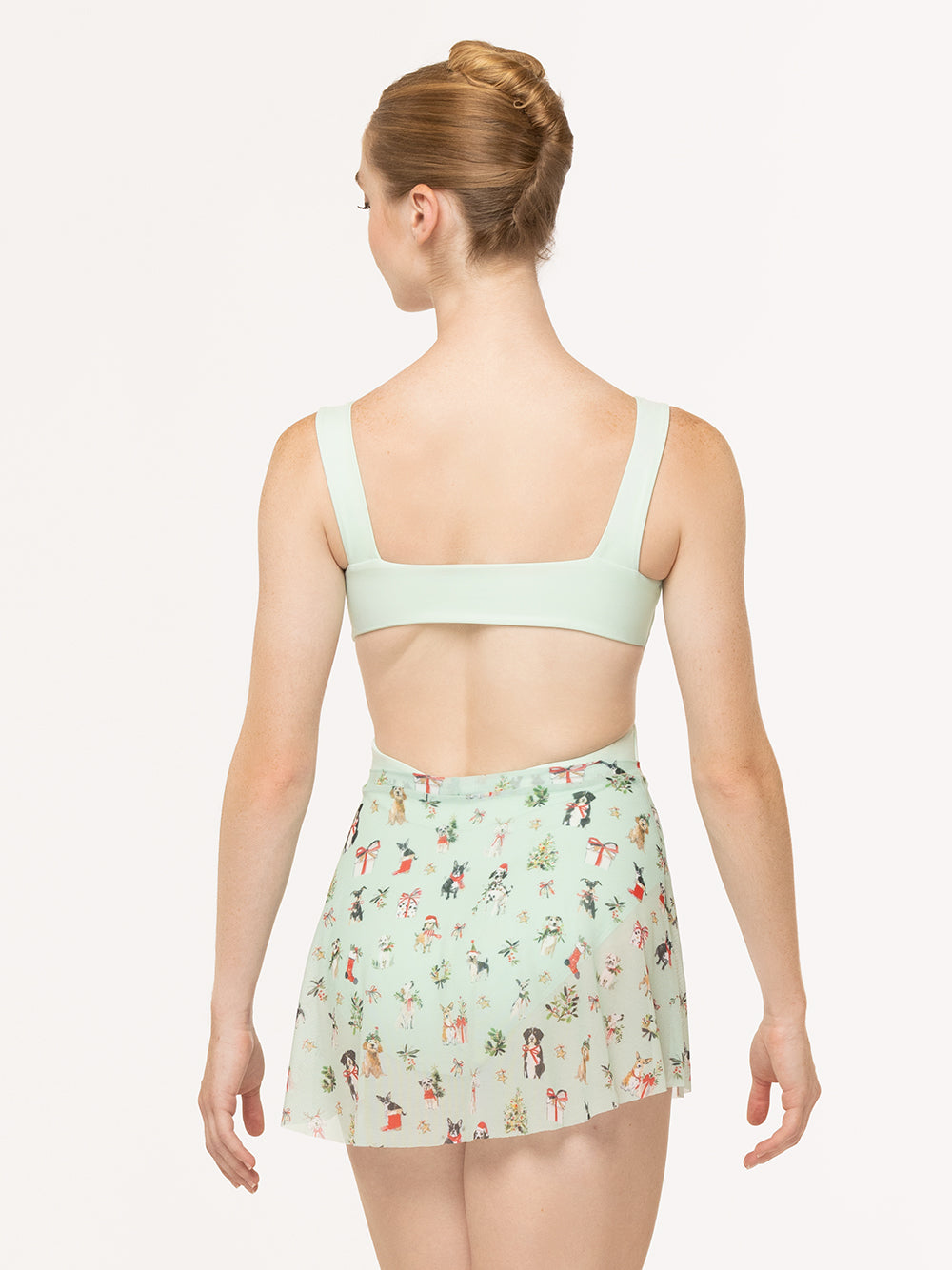 Eleve Dancewear Winni Skirt in Christmas Dogs Spearmint Mesh print, back view