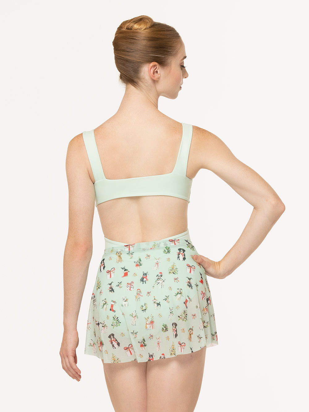 Eleve Dancewear Winni Skirt in Christmas Dogs Spearmint Mesh print, back detail view