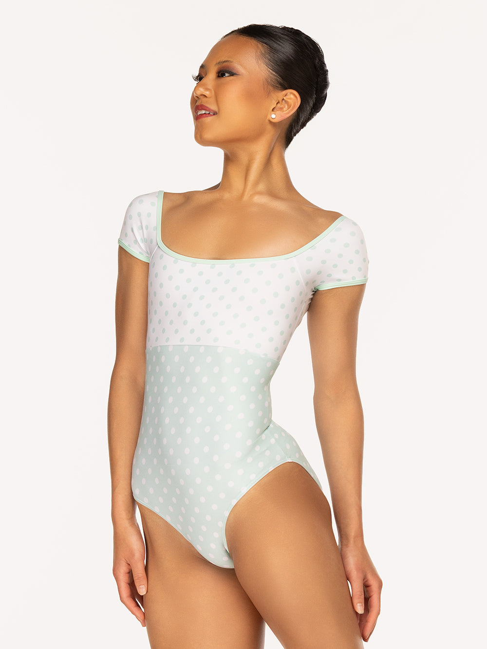 Eleve Dancewear Jane Leotard in Spearmint & White Polka Dot print, detail front view