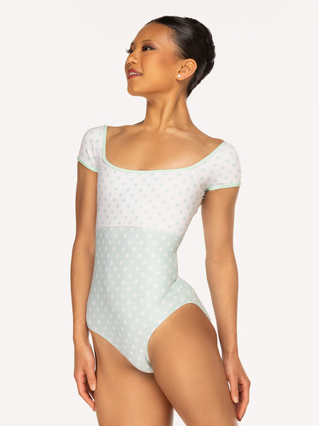 Eleve Dancewear Jane Leotard in Spearmint & White Polka Dot print, detail front view