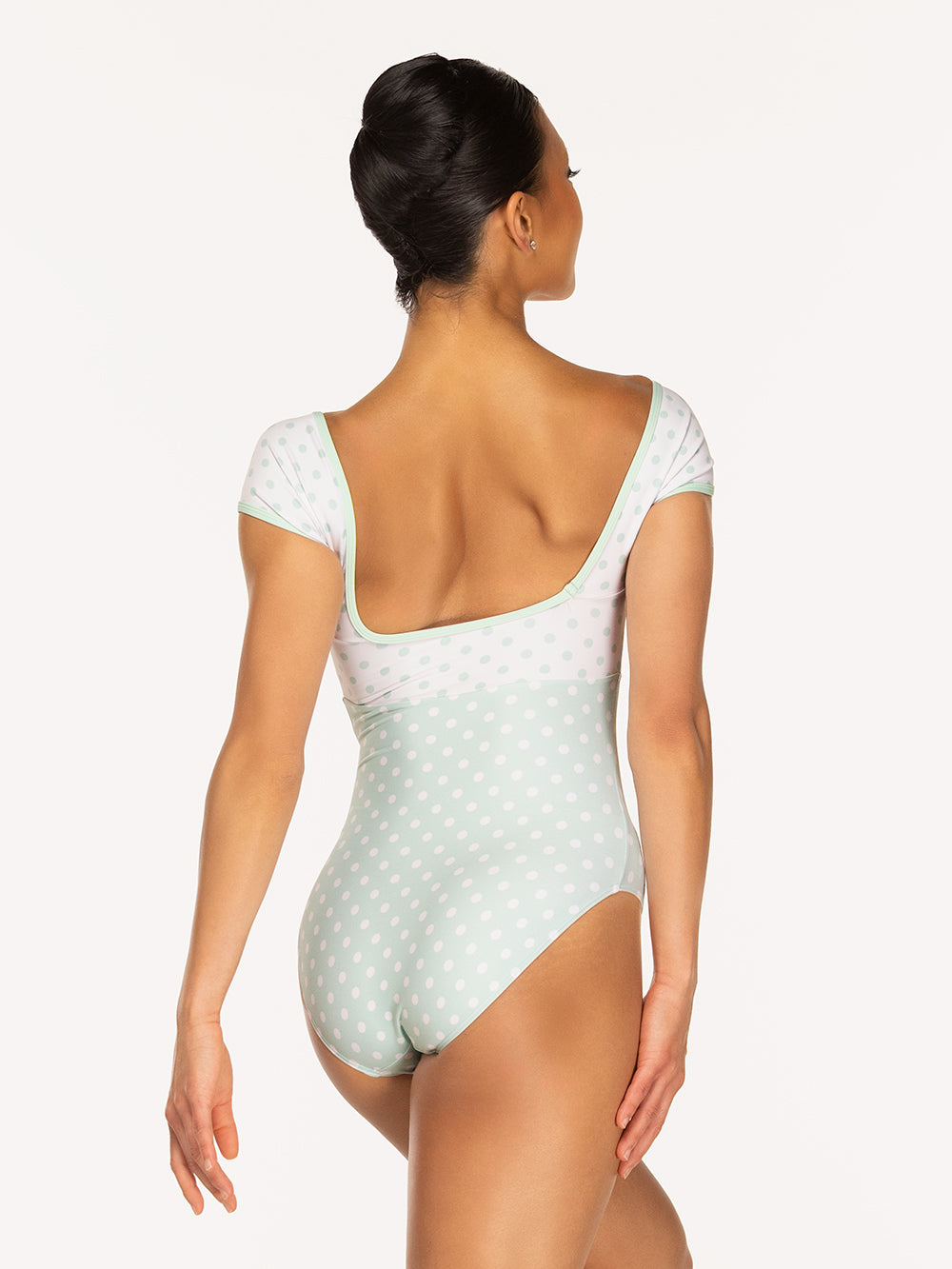 Eleve Dancewear Jane Leotard in Spearmint & White Polka Dot print, back view