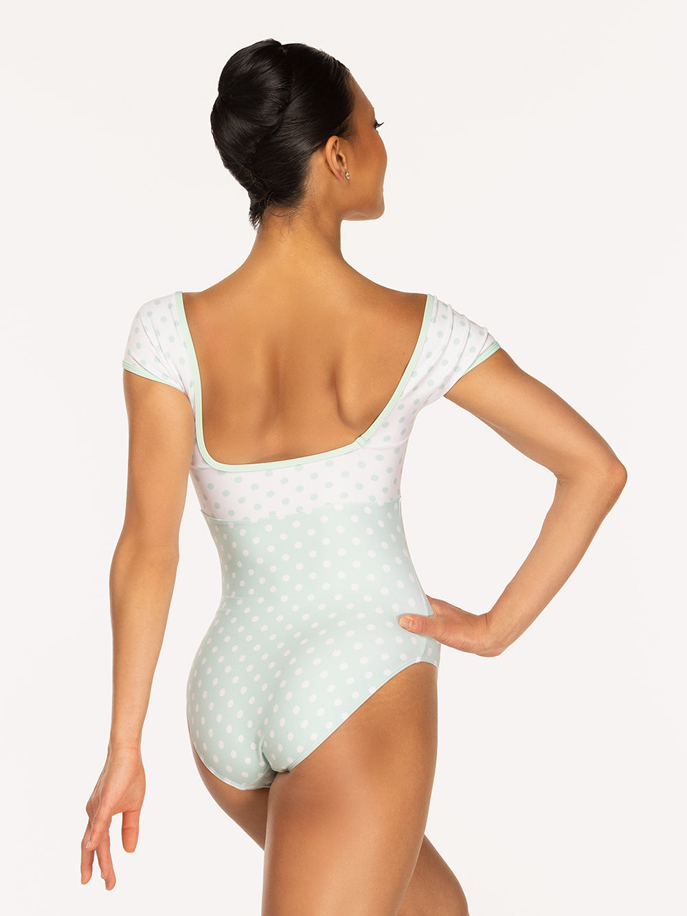 Eleve Dancewear Jane Leotard in Spearmint & White Polka Dot print, detail back view