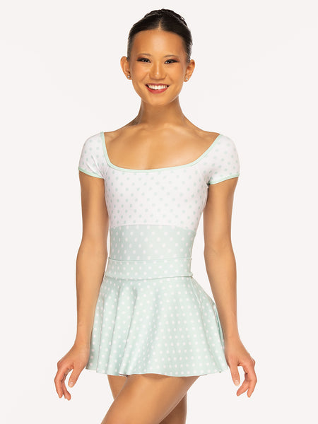 Eleve Dancewear Jane Leotard in Spearmint & White Polka Dot print, front detail view