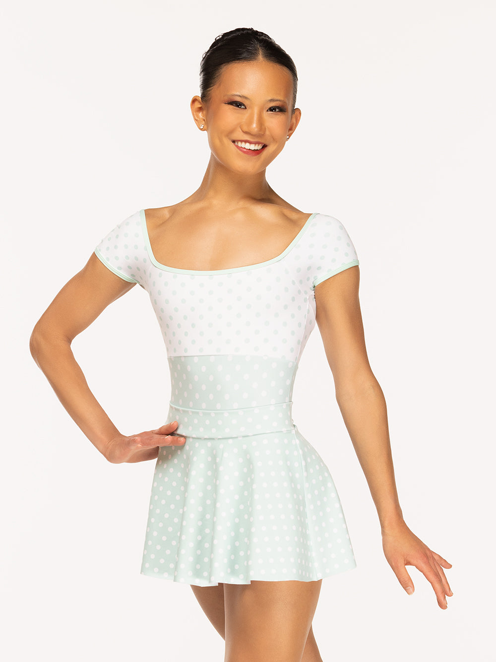 Eleve Dancewear Flare Skirt Kids in Spearmint Polka Dot print color, front view