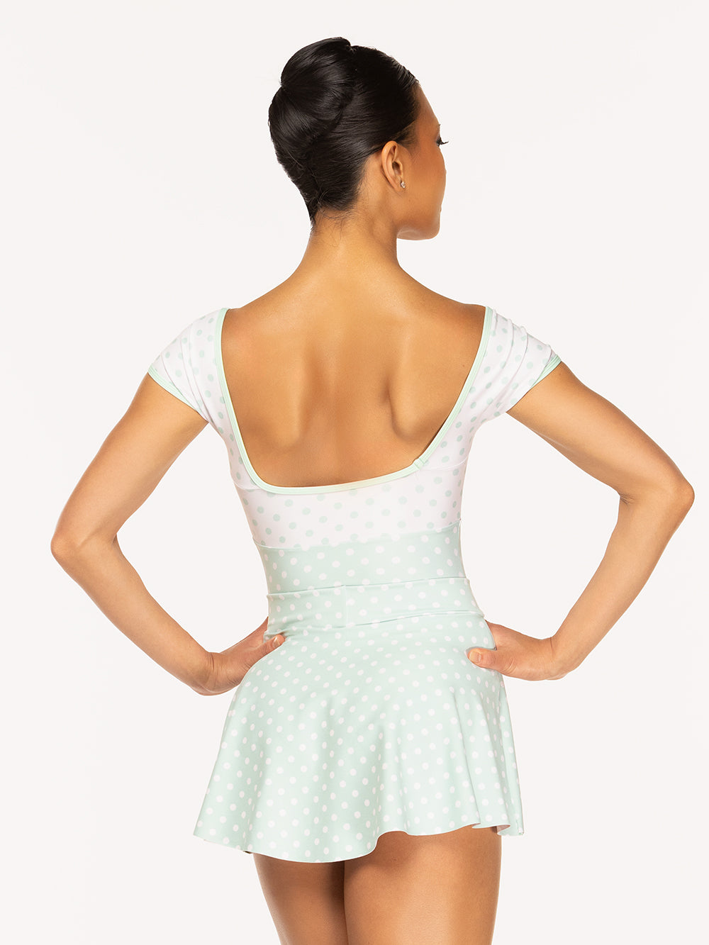 Eleve Dancewear Flare Skirt Kids in Spearmint Polka Dot print color, back view