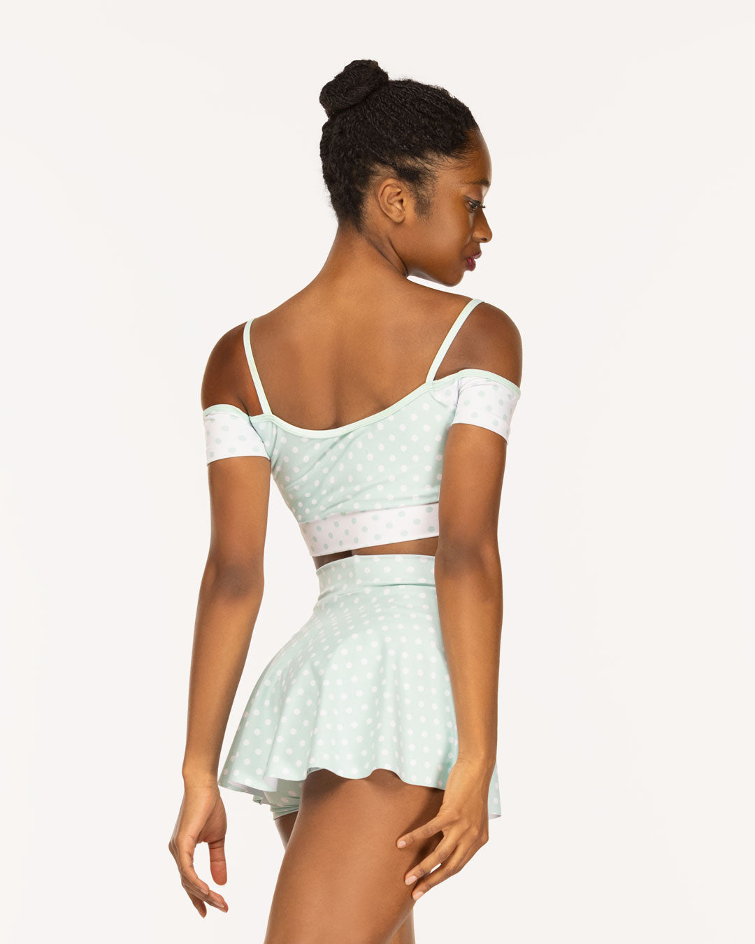 Eleve Dancewear Olivia Shorts Kids in Spearmint & White Polka Dot print, back view