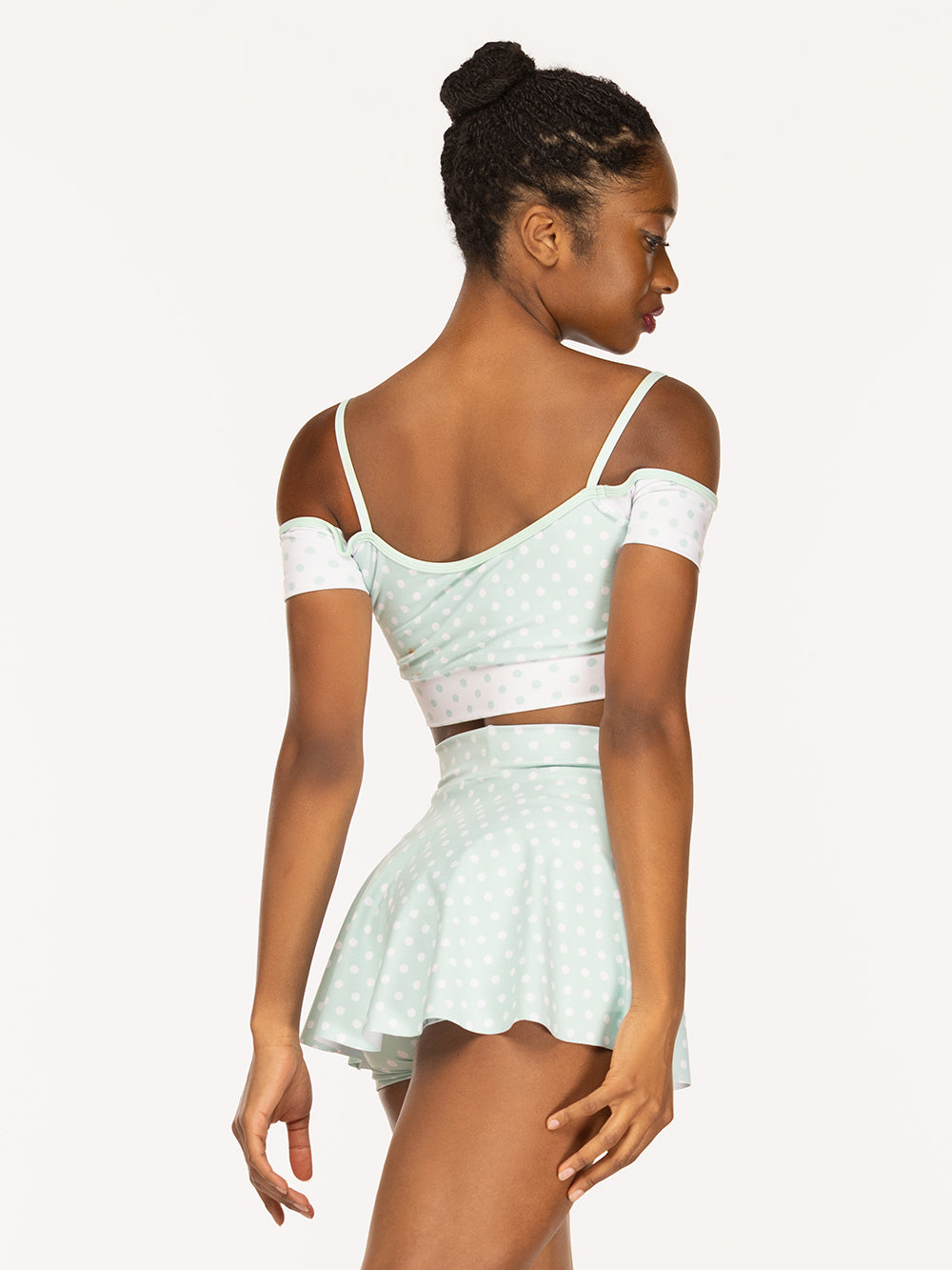 Eleve Dancewear Flare Skirt in Spearmint Polka Dot print color, detail back view
