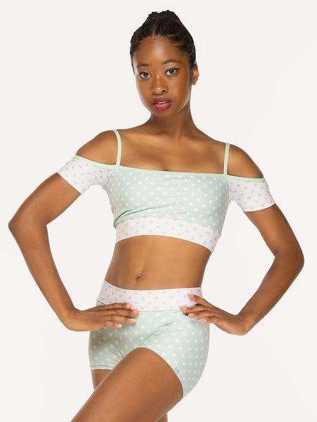 Eleve Dancewear Olivia Shorts Kids in Spearmint & White Polka Dot print, front view