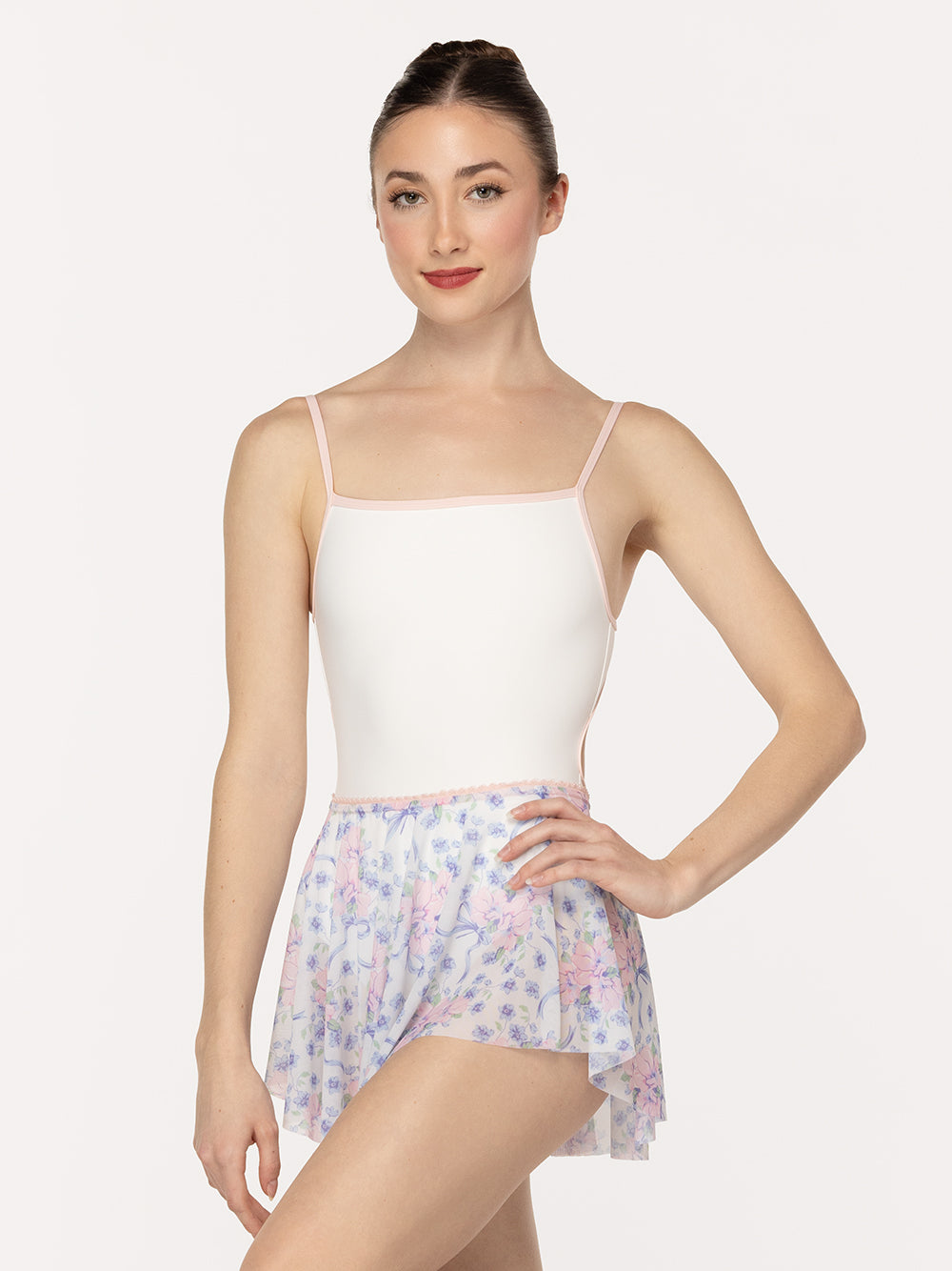 Eleve Dancewear Candy Leotard in Stage White color, detail front view