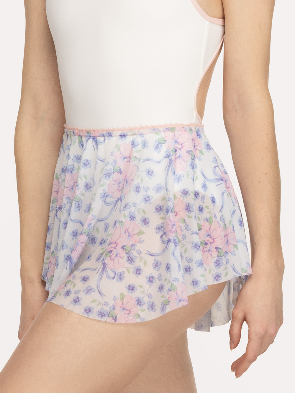Eleve Dancewear Circle Mini Skirt in Flowers & Bows print, front close view