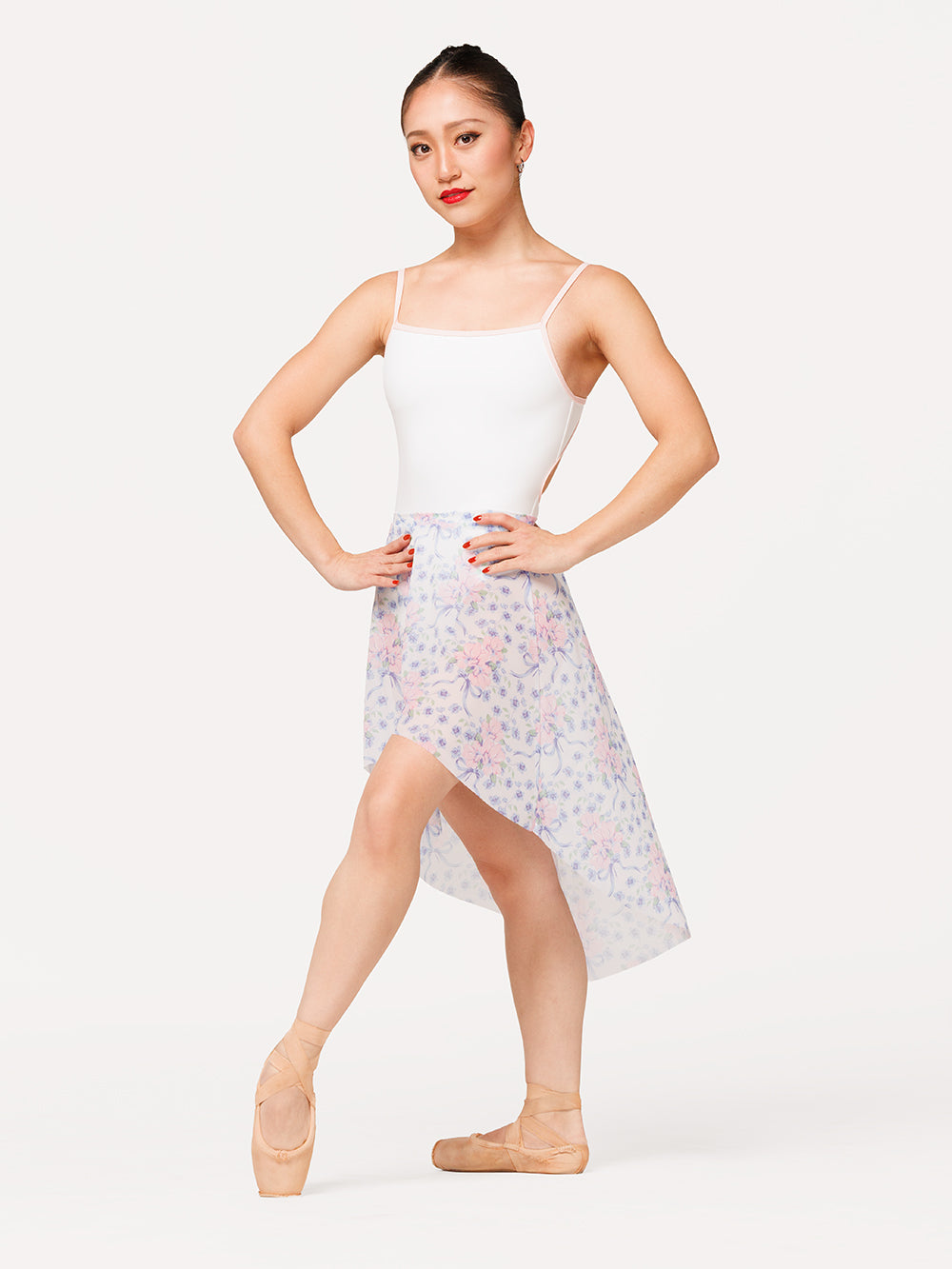 Eleve Dancewear Candy Leotard in Stage White color, detail front view of dancer posing