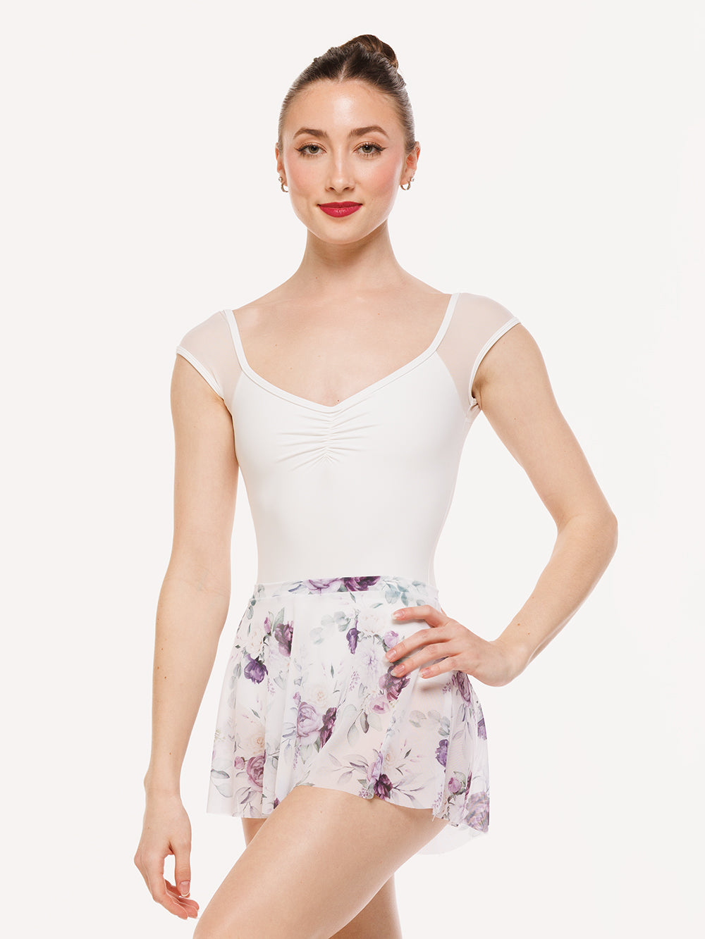 Eleve Dancewear Flare Skirt in Moonlit Garden White Mesh print color, front view