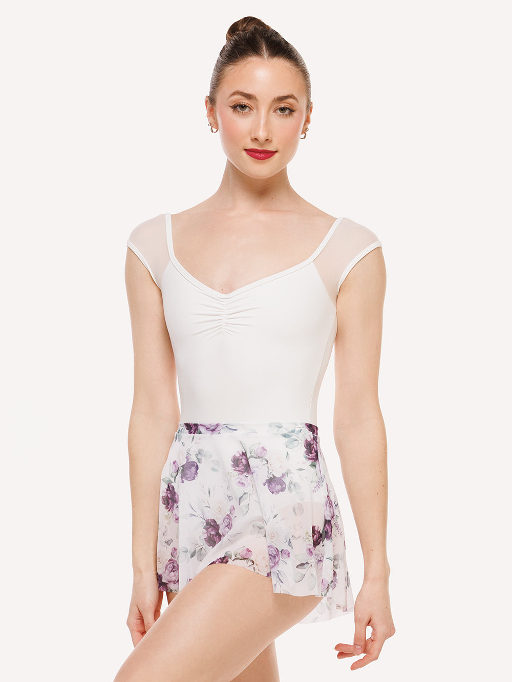 Eleve Dancewear Flare Skirt in Moonlit Garden White Mesh print color, front detail view