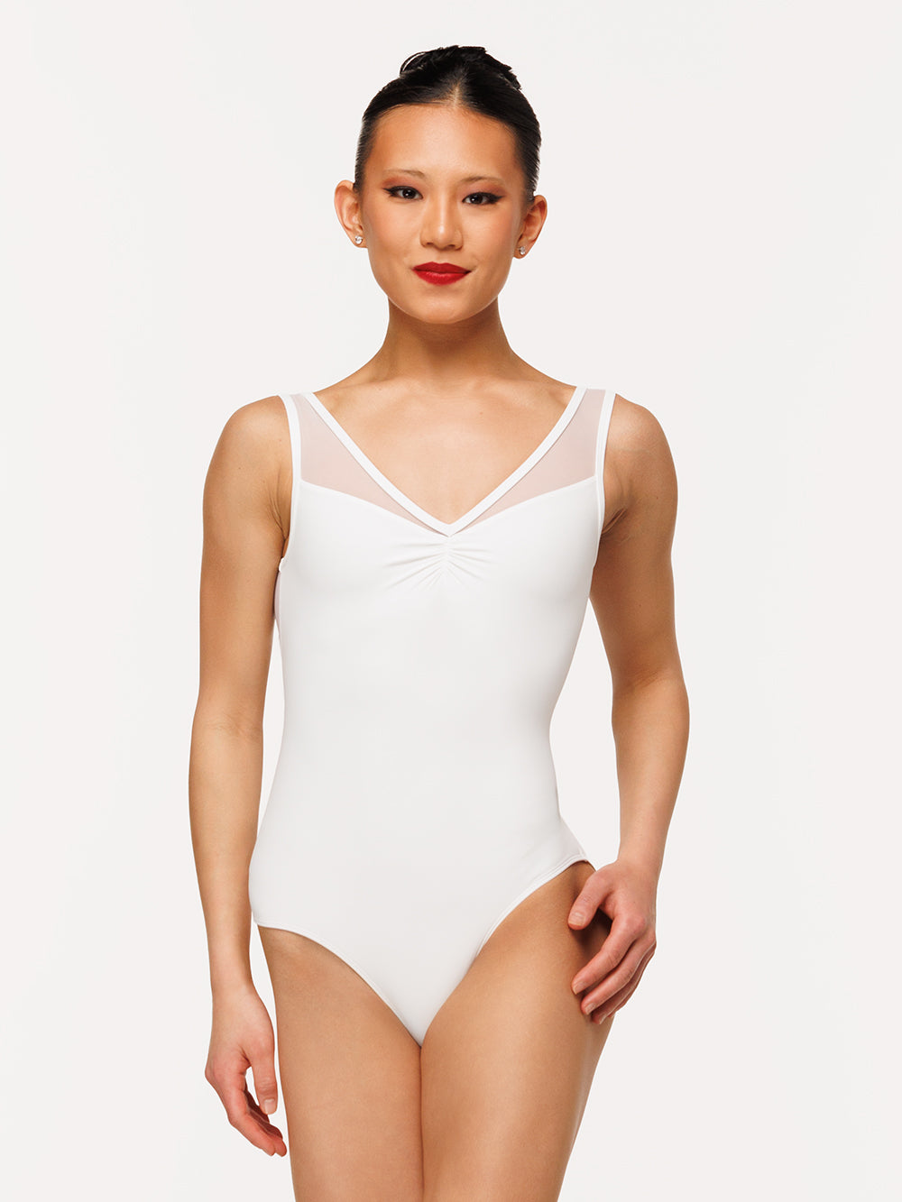 Eleve Dancewear Fabiola Leotard Kids in Stage White color, front view of model posing