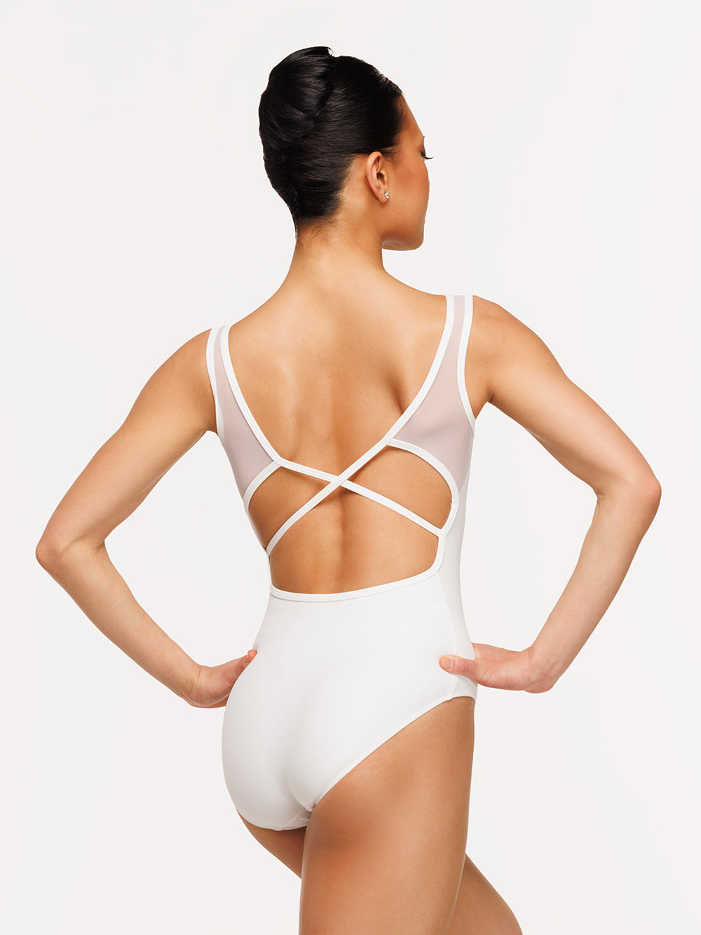 Eleve Dancewear Fabiola Leotard Kids in Stage White color, back view of model posing