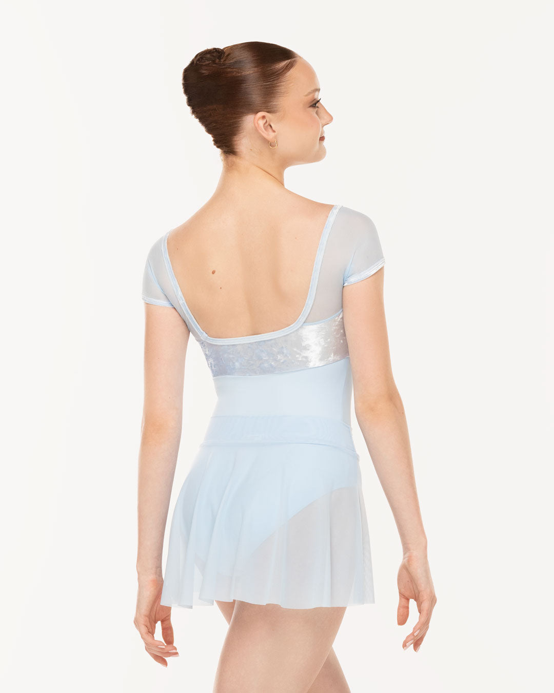 Eleve Dancewear Amora Short Skirt in True Blue Mesh color, back view