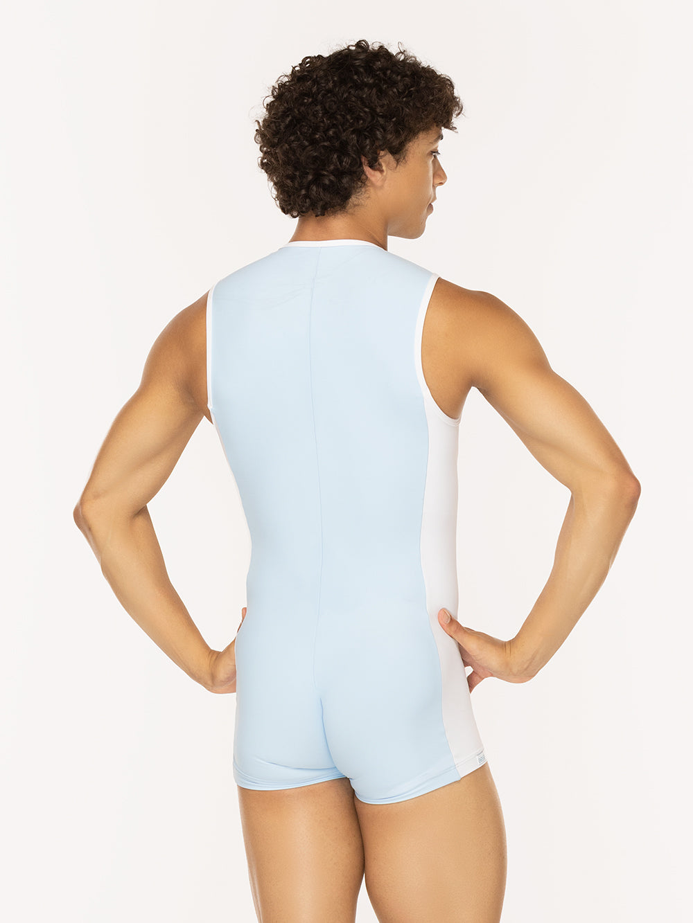 Eleve Dancewear Nathan Biketard in True Blue color, back view detail