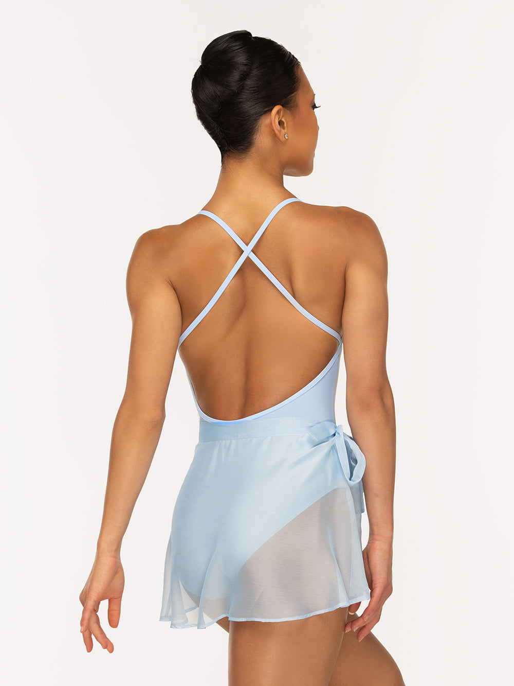 Eleve Dancewear Chiffon Mini Tie Skirt in True Blue print, detail back view