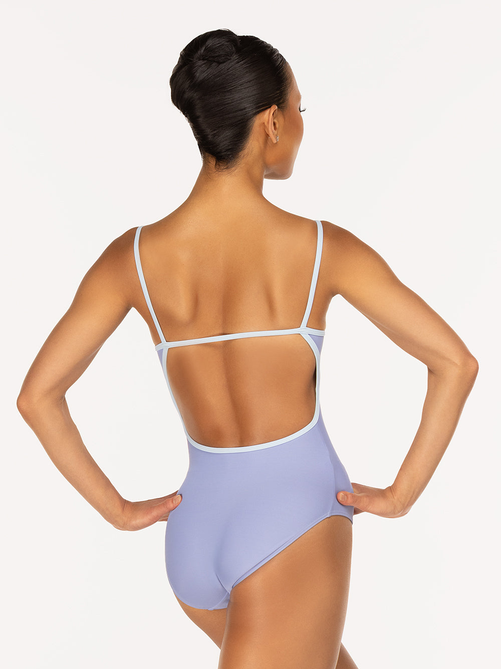 Eleve Dancewear Candy Leotard Kids in Twilight color, back view detail of dancer posing