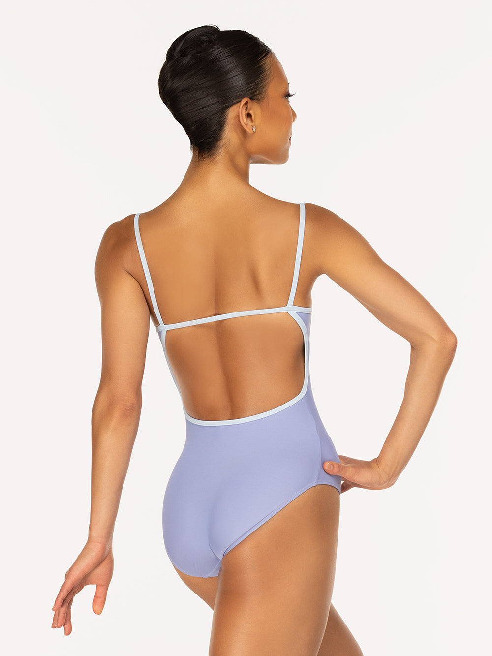Eleve Dancewear Candy Leotard in Twilight color, detail back view of dancer posing