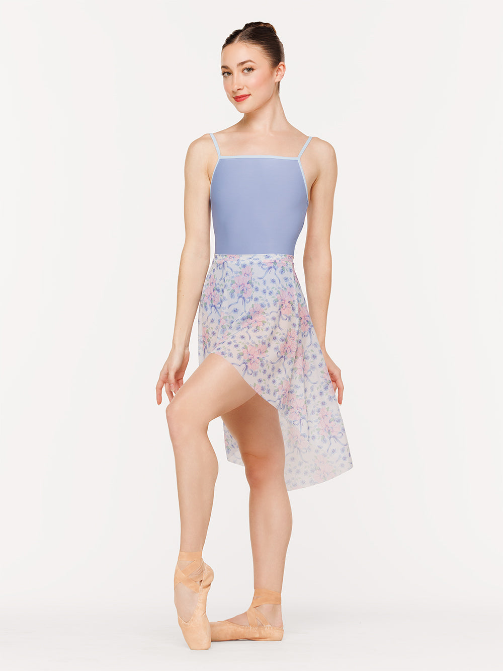 Eleve Dancewear Long High-Low Skirt in Flowers & Bows Mesh print, front view