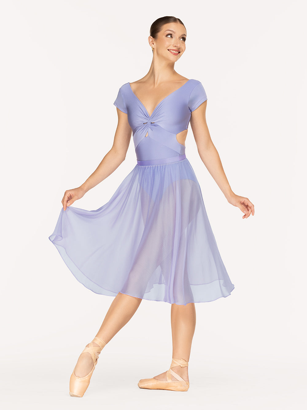 Eleve DancewearJackie Leotard Kids and Chiffon Rehearsal skirt in Twilight color, front view of dancer on tendu devant croise