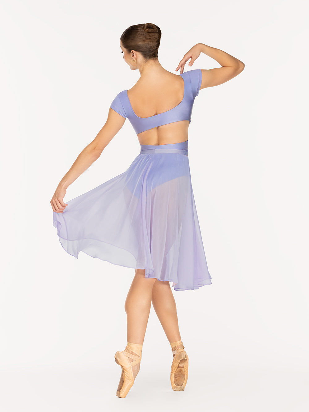 Eleve DancewearJackie Leotard Kids and Chiffon Rehearsal skirt in Twilight color, back view of dancer on pointe four