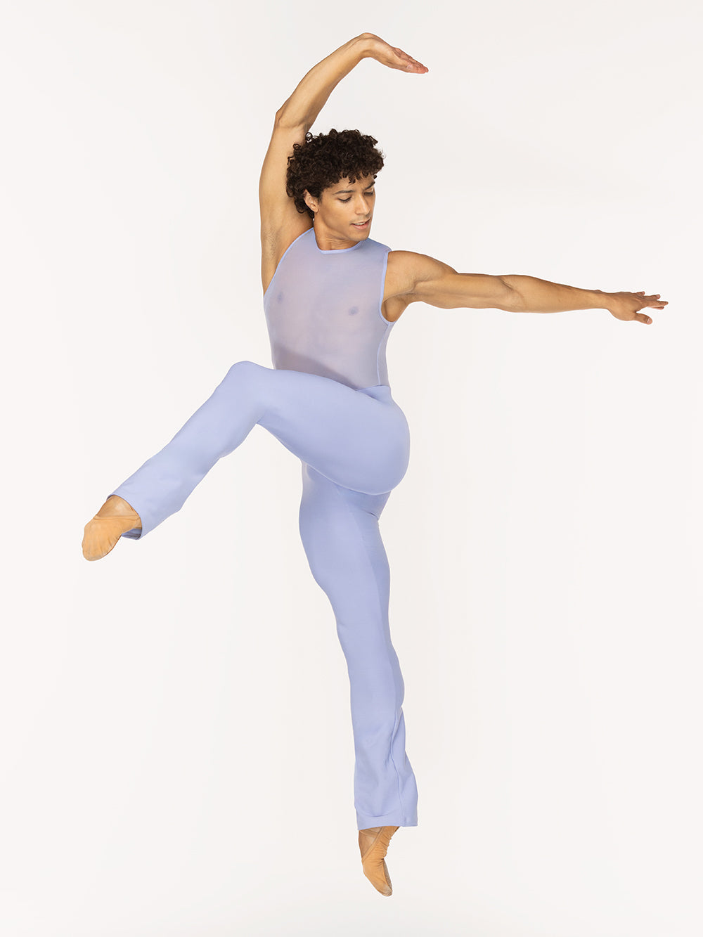 Eleve Dancewear Kam Pants  Kids in Twilight color, front view of dancer on attitude devant jump