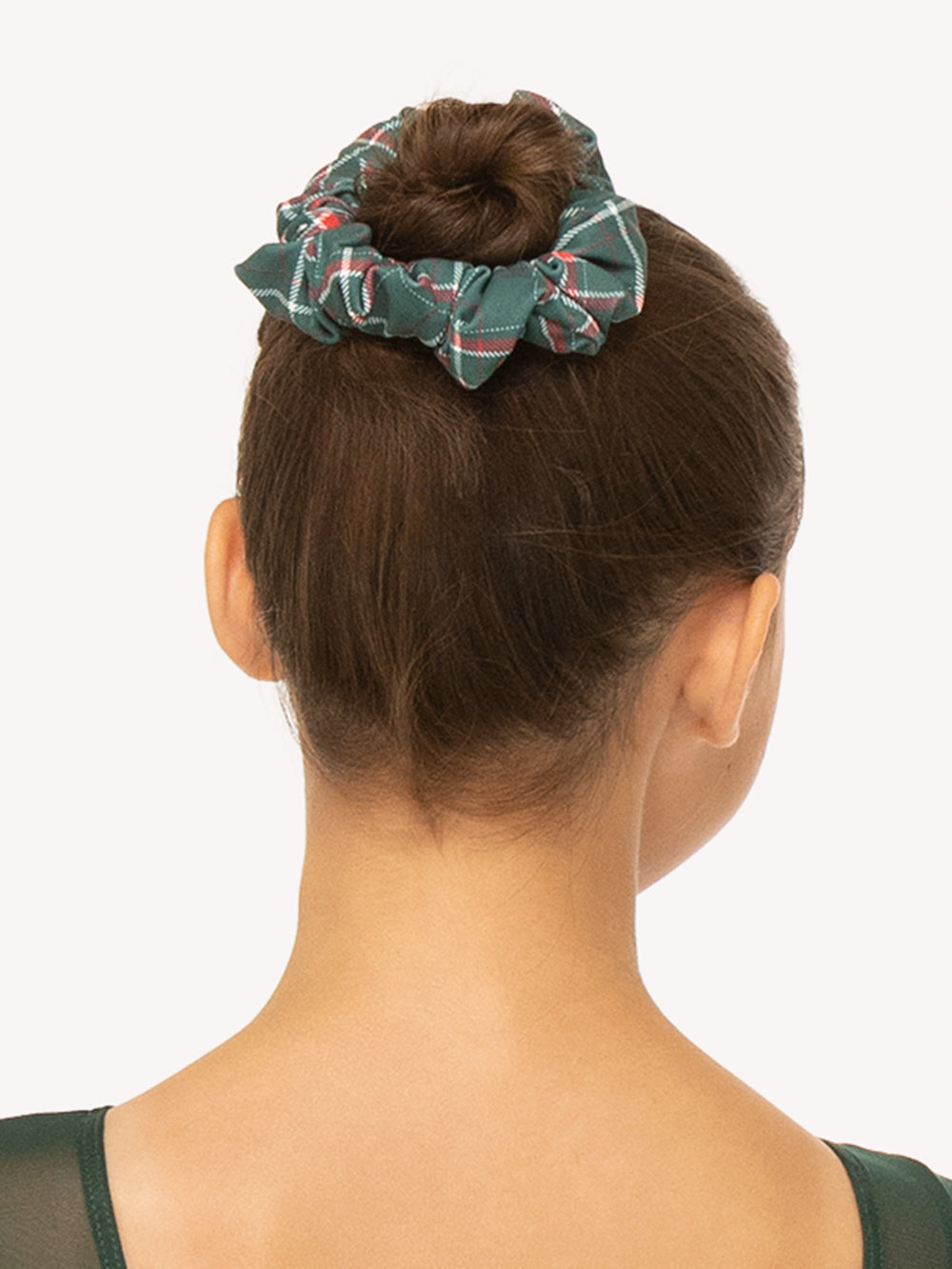 Eleve Dancewear Scrunchie in Green Plaid print, back view