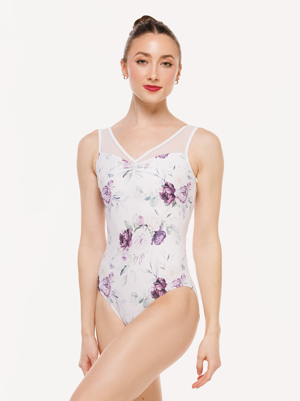 Eleve Dancewear Fabiola Leotard in Moonlit Garden White print color, front view