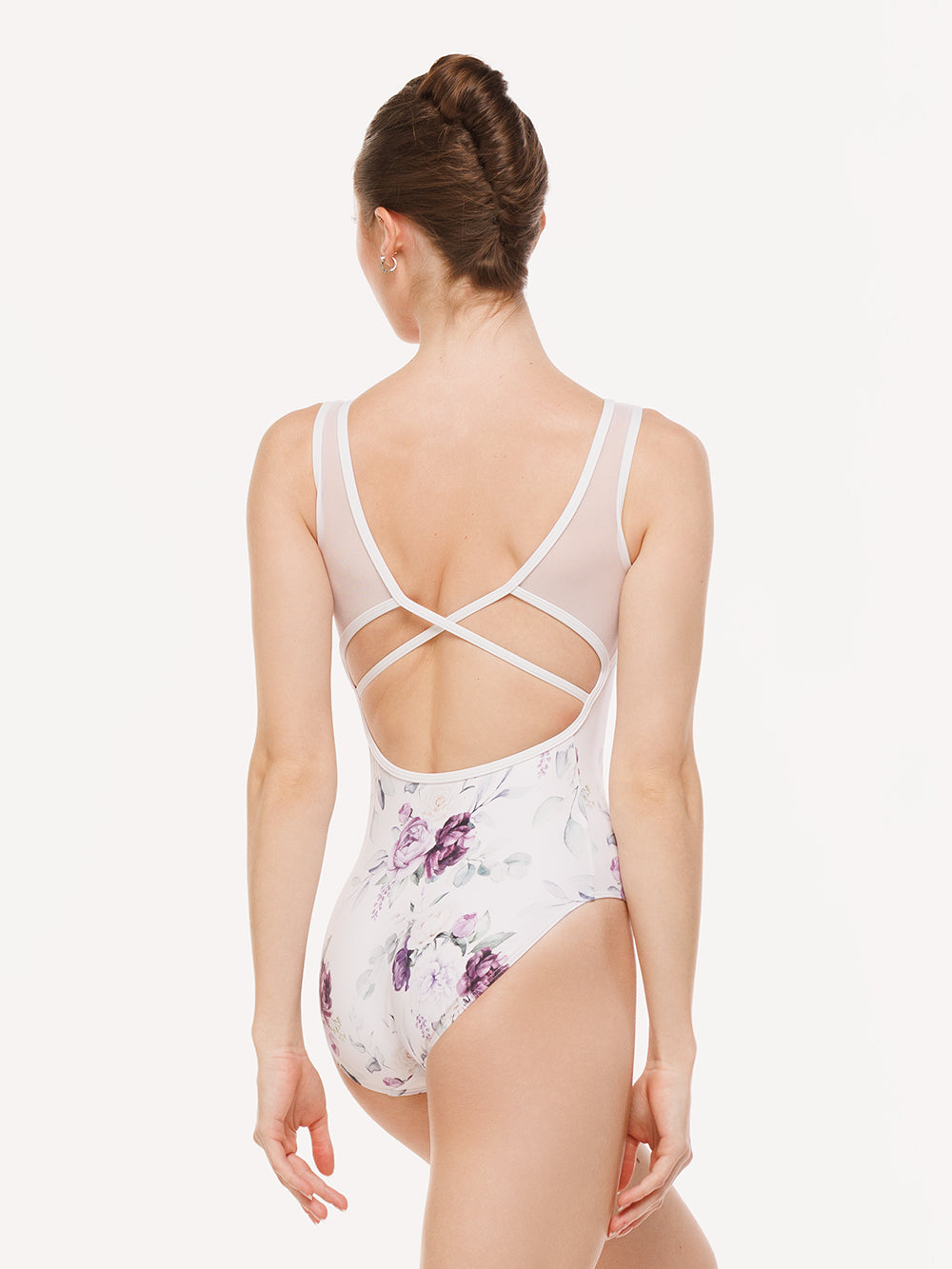 Eleve Dancewear Fabiola Leotard in Moonlit Garden White print color, back view