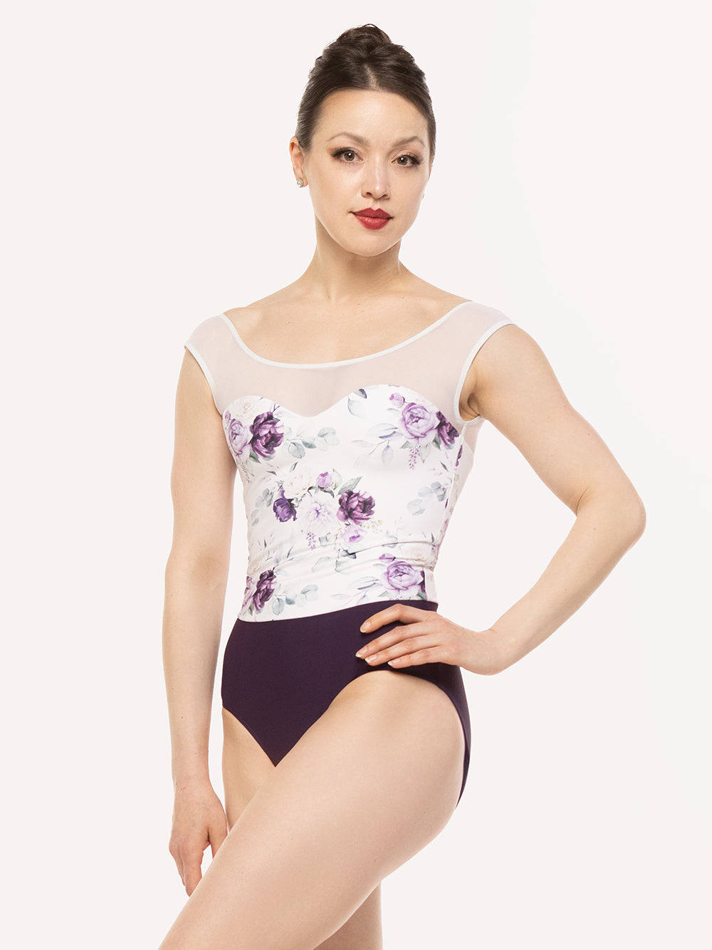 Eleve Dancewear Shannon Leotard Kids in Moonlit Garden White print color, front view