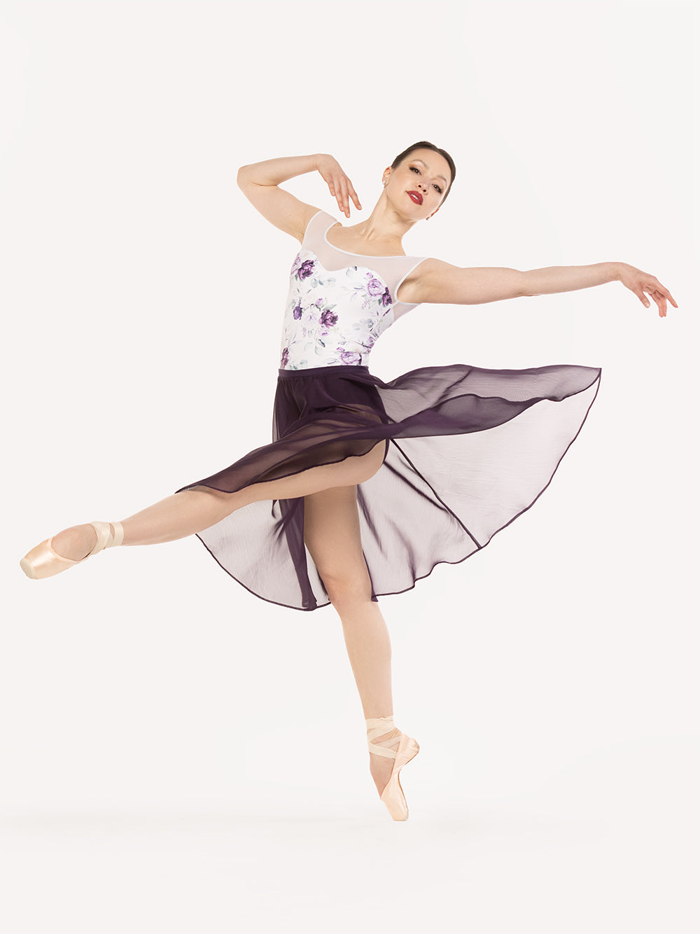 Eleve Dancewear Shannon Leotard Kids in Moonlit Garden White print color, front view of dancer on pique devant croise