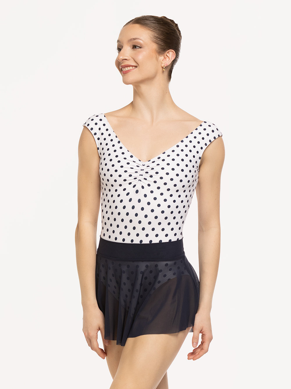 Eleve Dancewear Sophia Leotard in White Polka Dot print color, front detail view