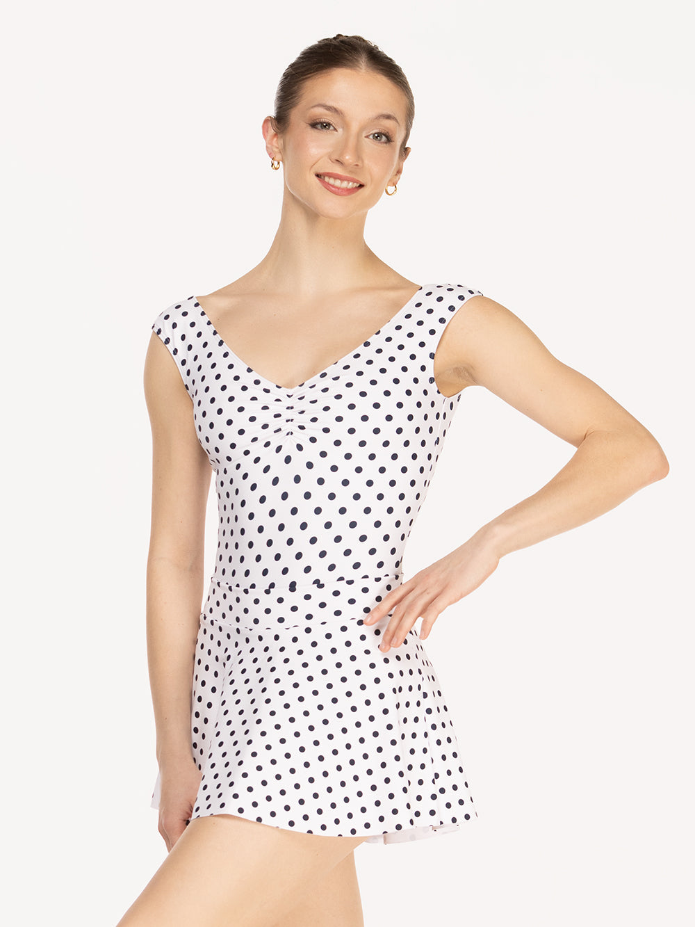 Eleve Dancewear Flare Skirt in White Polka Dot print color, front detail view
