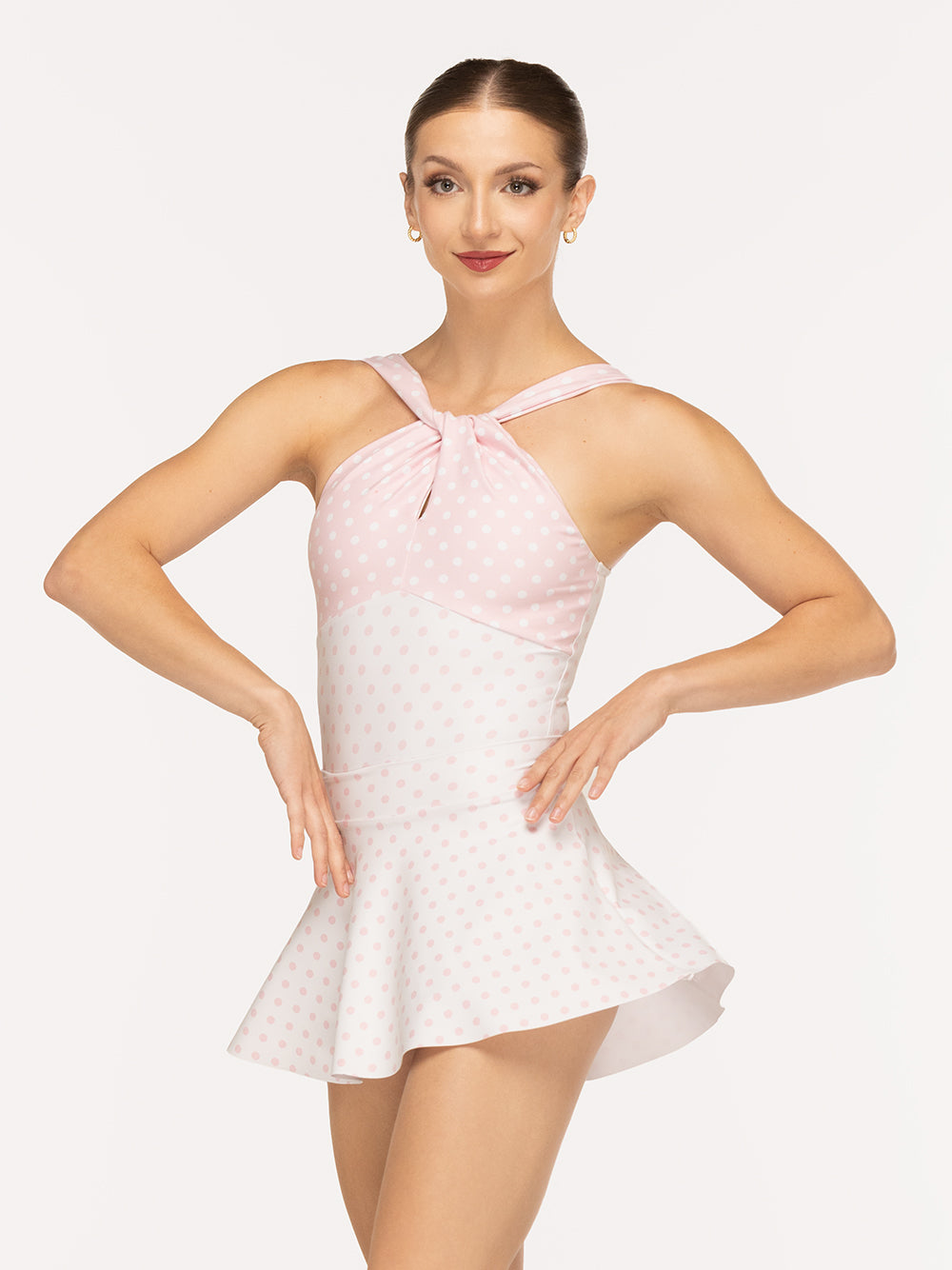 Eleve Dancewear Debra Leotard in White & Light Pink Polka Dot print color, front detail view