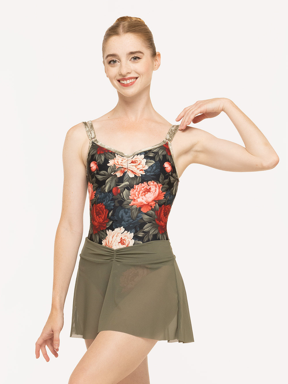 Eleve Dancewear Farrah Leotard in Winter Florals print, detail front view