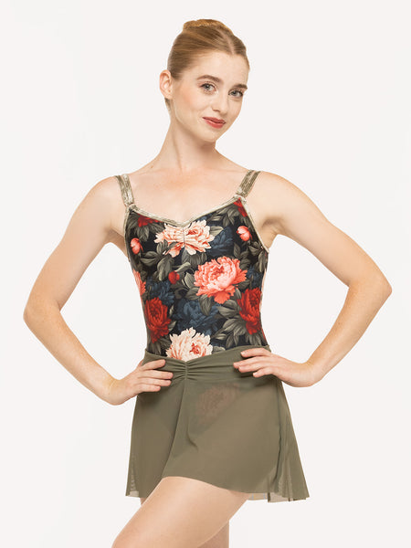 Eleve Dancewear Amora Skirt Kids in Dusty Olive Mesh, detail front view
