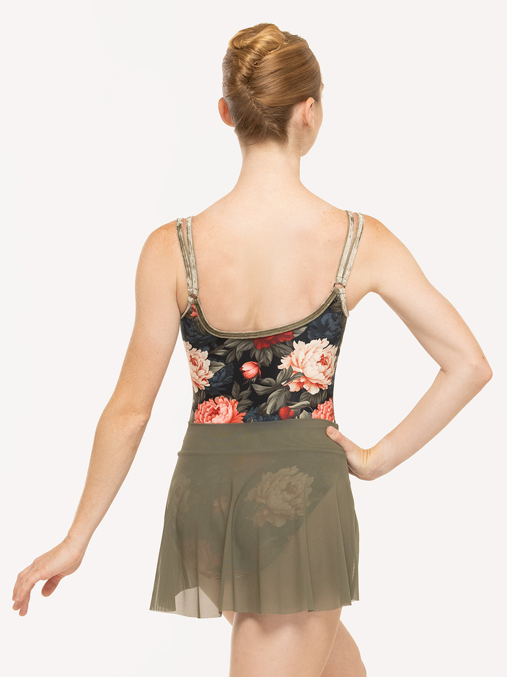 Eleve Dancewear Amora Skirt Dusty in Olive Mesh, back view of model posing