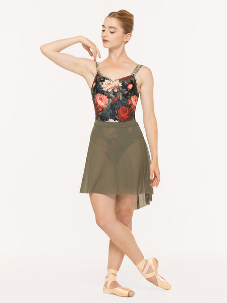 Eleve Dancewear Back Tuck Skirt Kids in Dusty Olive Mesh print color, front detail view of model posing