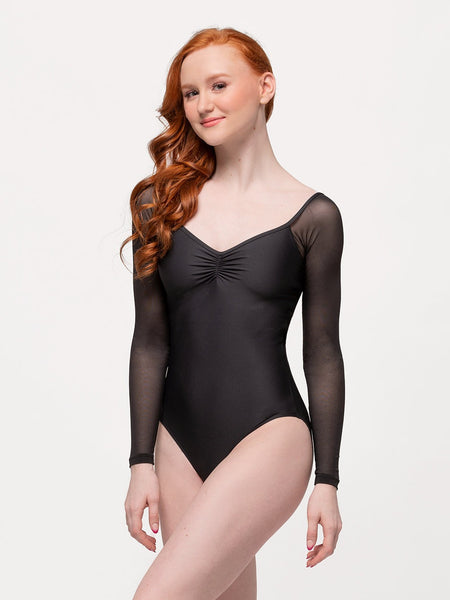 Model is in black leotard with long mesh sleeves and pinch front 