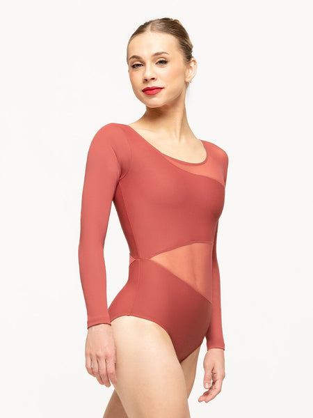 Model is in leotard with contrasting Cinnamon solid and Cinnamon mesh full length sleeves and a wrap around mesh waist detail