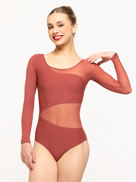 Model is in leotard with contrasting Cinnamon solid and Cinnamon mesh full length sleeves and a wrap around mesh waist detail
