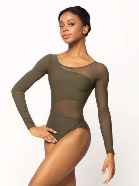 Model is wearing a dark olive green leotard with long sleeves and dark green mesh detail on the waist, chest, back, and sleeve