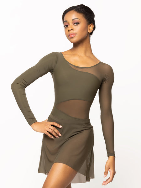Model is wearing a dark olive green leotard with long sleeves and dark green mesh detail on the waist, chest, back, and sleeve paired with a matching green mesh skirt