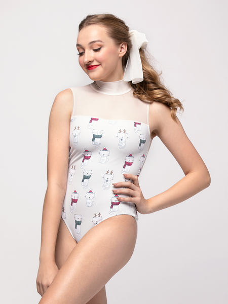 Model in leotard with holiday cat pattern