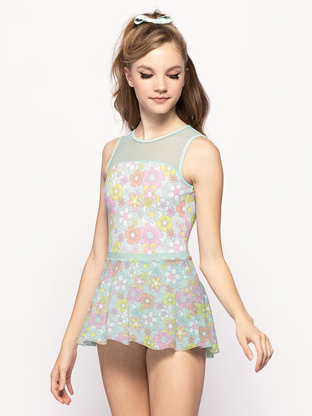 Model is in floral mesh skirt with matching leotard with floral pattern  mesh top front 